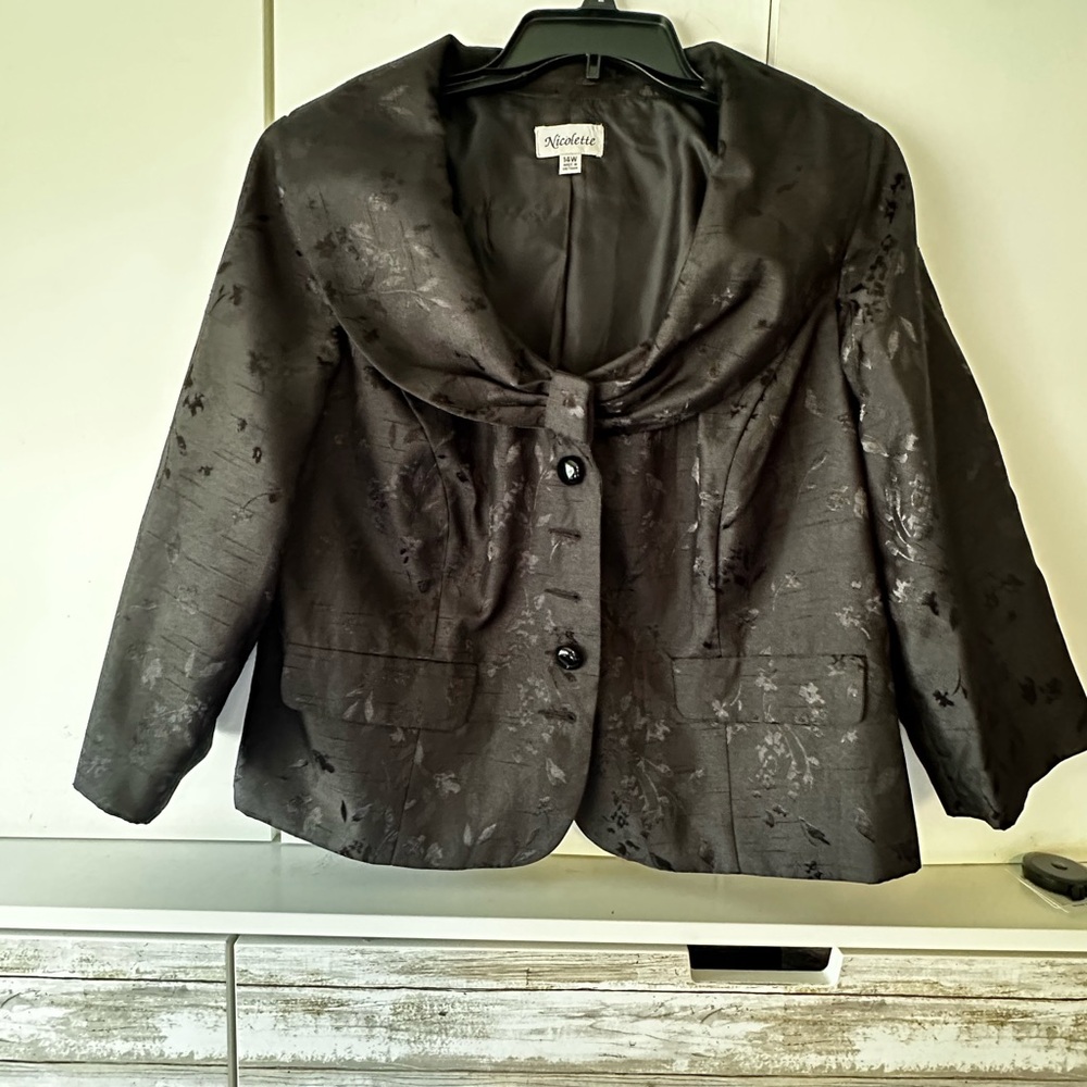🖤 Nicolette 14W Black Floral Jacquard Jacket Wide Collar Dress Blazer Plus